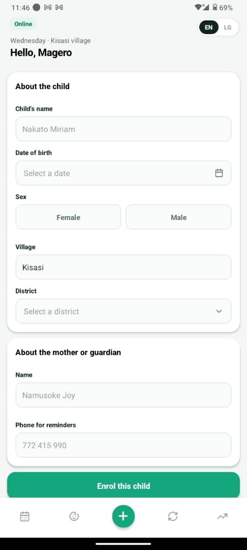 VaxClue child enrolment screen
